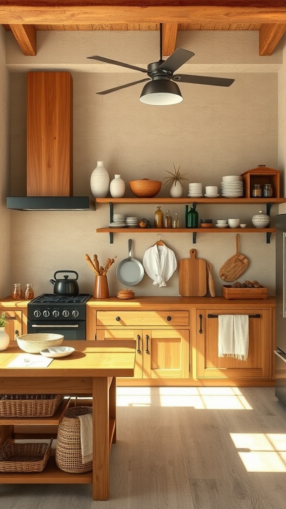 A cozy farm style kitchen with textured walls and natural finishes.