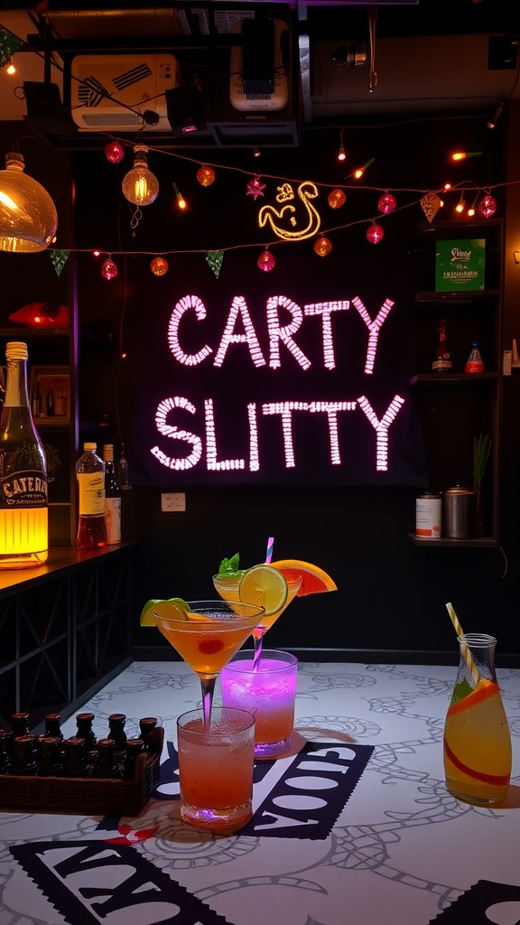 Vibrant themed cocktail bar setup with colorful drinks and neon lights.