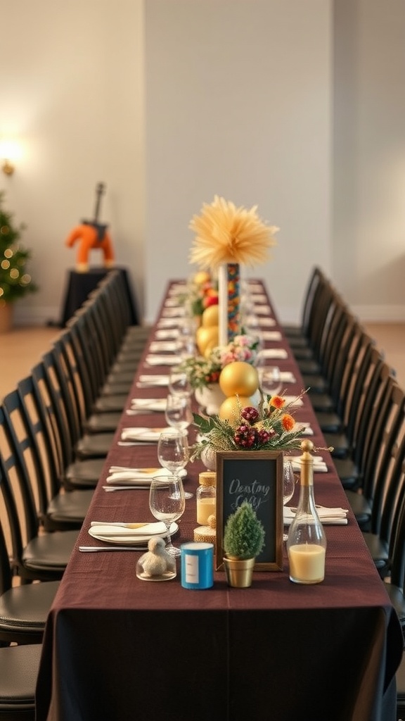 A beautifully set long table centerpiece with decorative objects, flowers, and candles.