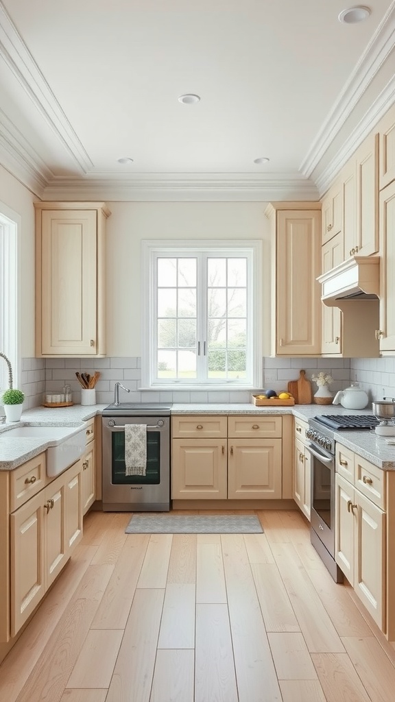 A light wood kitchen featuring classic finishes with beige cabinets, a large window, and a bright atmosphere.