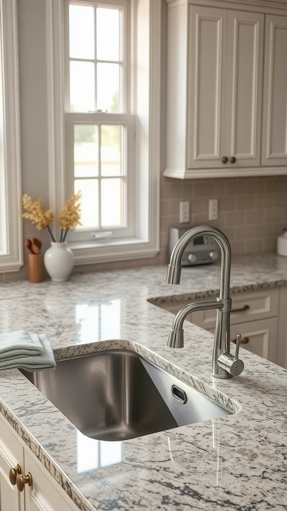 A modern kitchen with a granite countertop and a stainless steel sink, featuring natural light from the window.