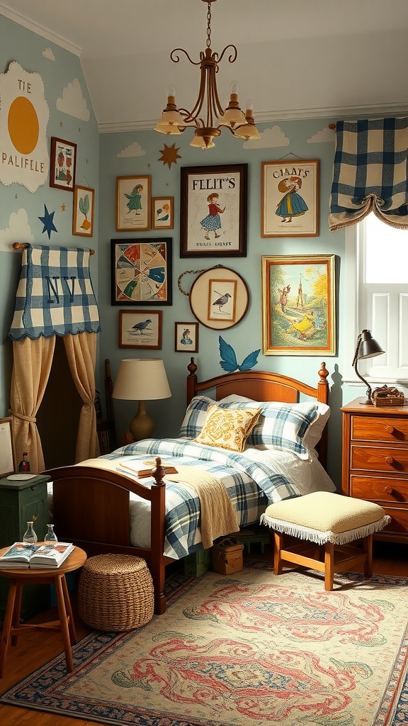 A vintage boys bedroom with plaid bedding, whimsical artwork, and cozy decor.