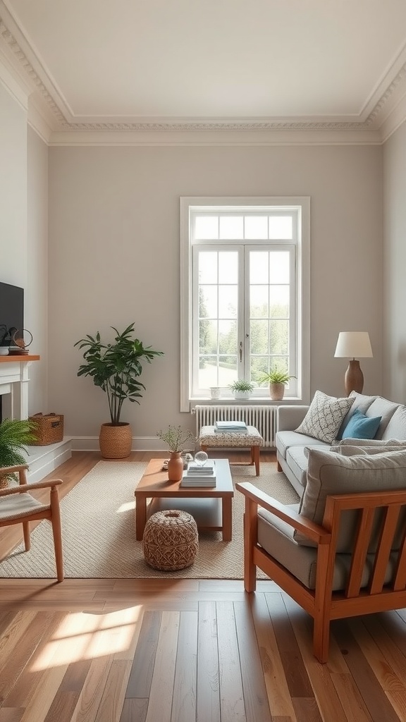 Traditional Shaker style living room with wooden furniture, natural light, and indoor plants