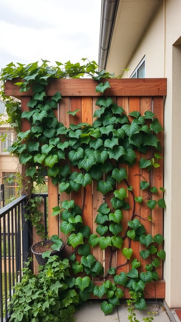 A wooden trellis covered in lush green vines on a balcony