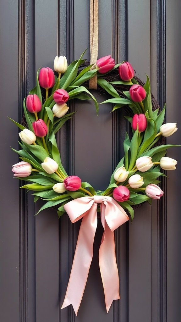 A wreath made of pink and white tulips with green leaves and a pink ribbon, hanging on a dark door.