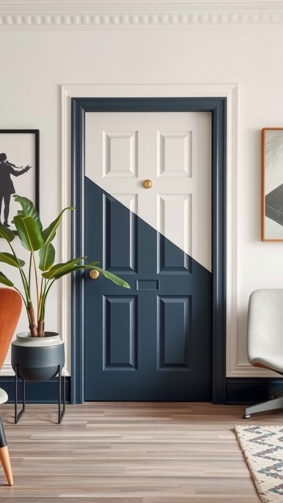 A stylish two-tone door featuring navy and white with a modern interior design.