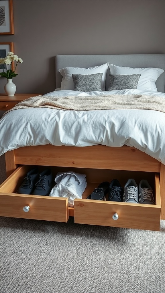 A cozy bedroom with under-bed storage drawers holding shoes and clothing.