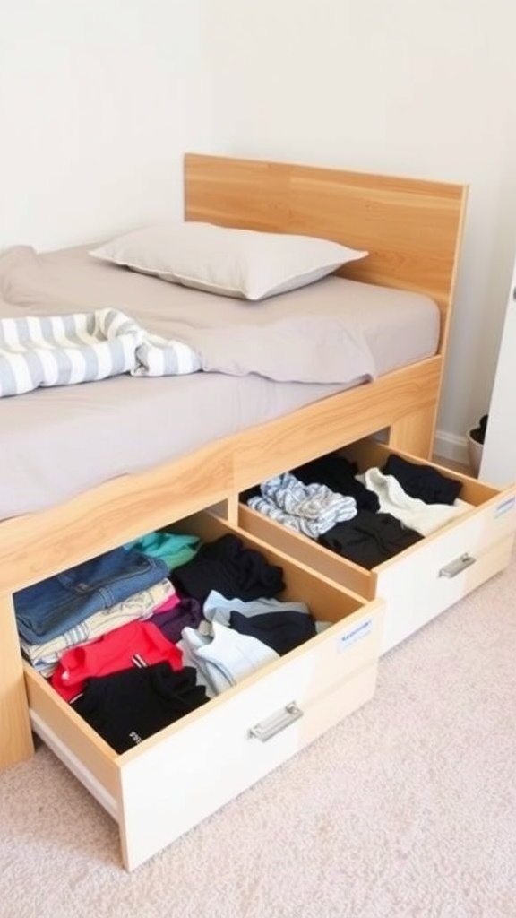 A bed with two under-bed drawers filled with neatly organized clothes.