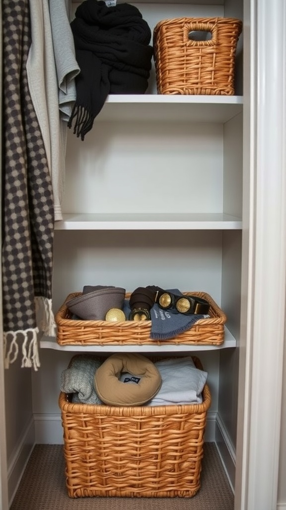 Organized closet with under-shelf baskets and neatly arranged items