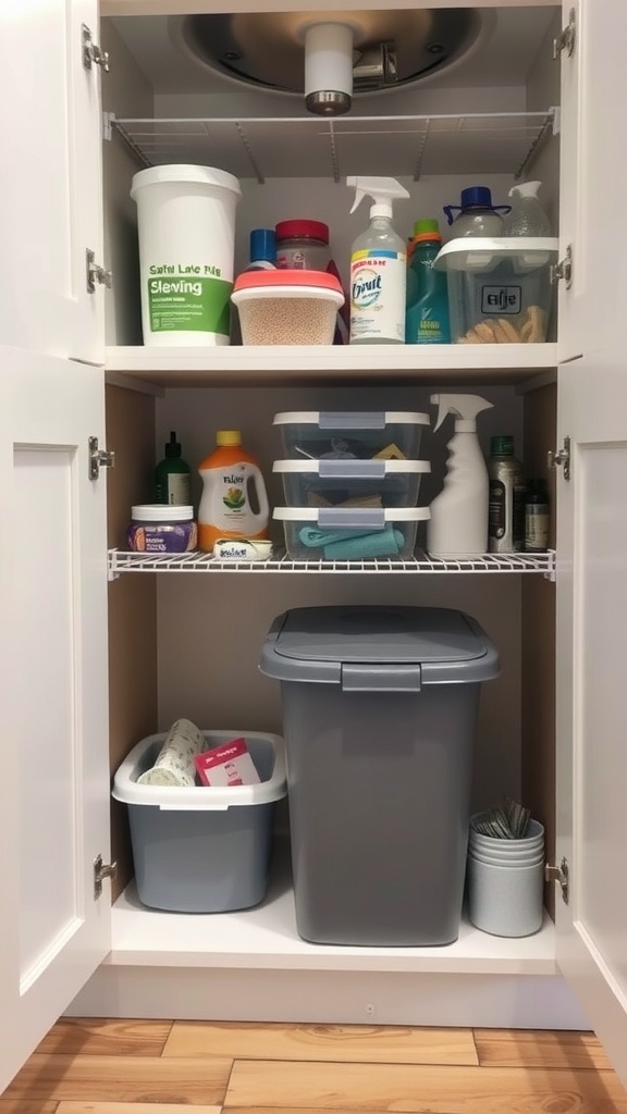 Organized under-sink cabinet with cleaning supplies and trash bins.