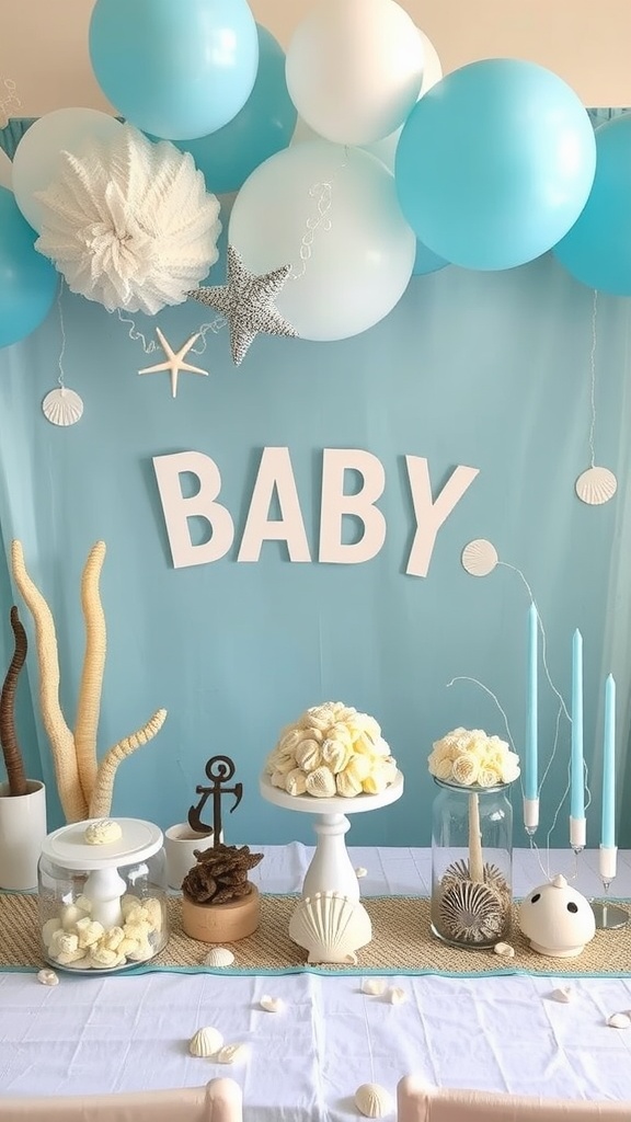 Under the Sea baby shower decoration with nautical elements, featuring balloons, seashells, and a 'BABY' sign.