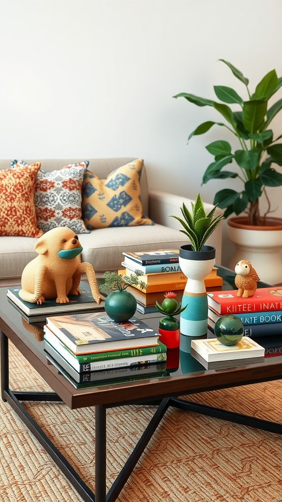 A colorful coffee table decorated with books, plants, and playful figurines.