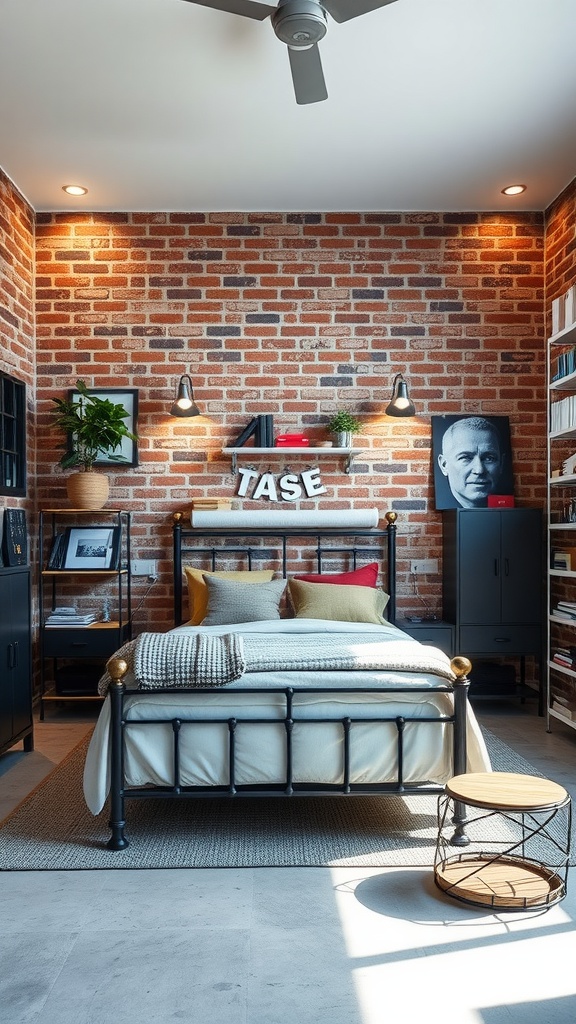 A modern teen boy bedroom featuring an urban industrial design with a brick wall, metal bed frame, and stylish decor.