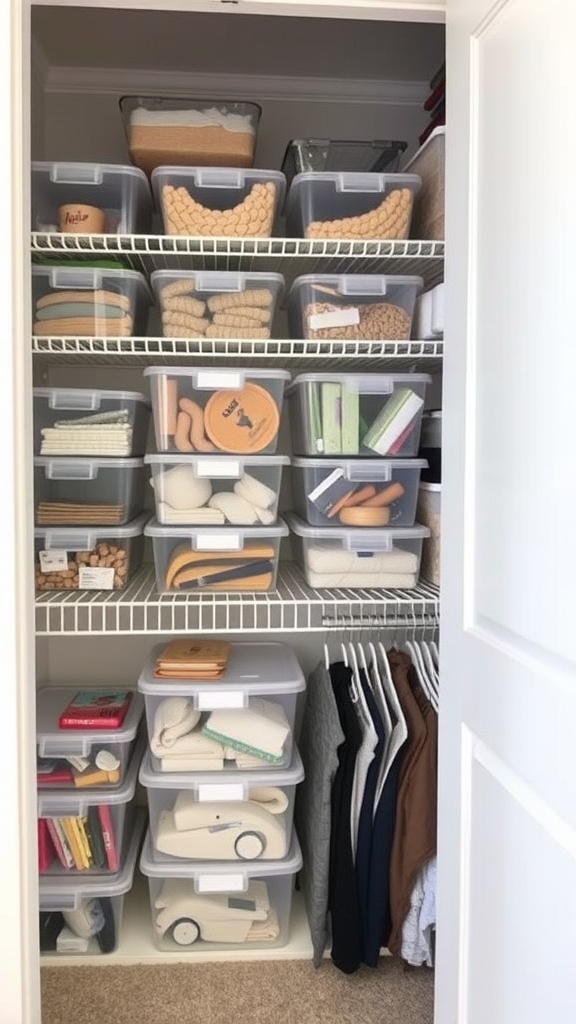 An organized closet with clear storage bins, showcasing a neat arrangement of labeled items.