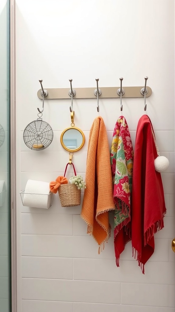 Colorful towels and accessories hanging from stylish wall-mounted hooks in a small bathroom.