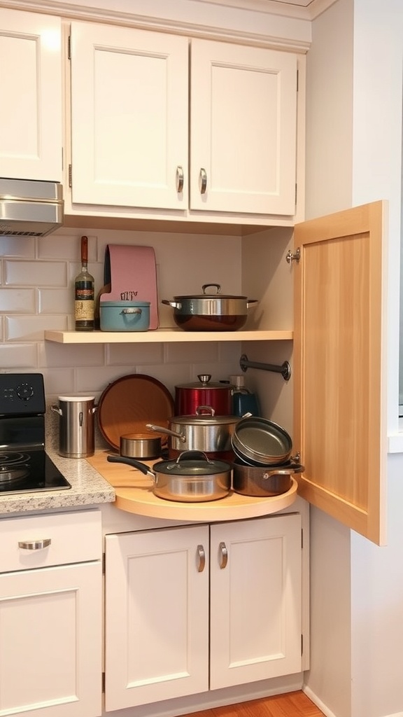 A well-organized corner cabinet with pots and pans, showcasing efficient kitchen storage.