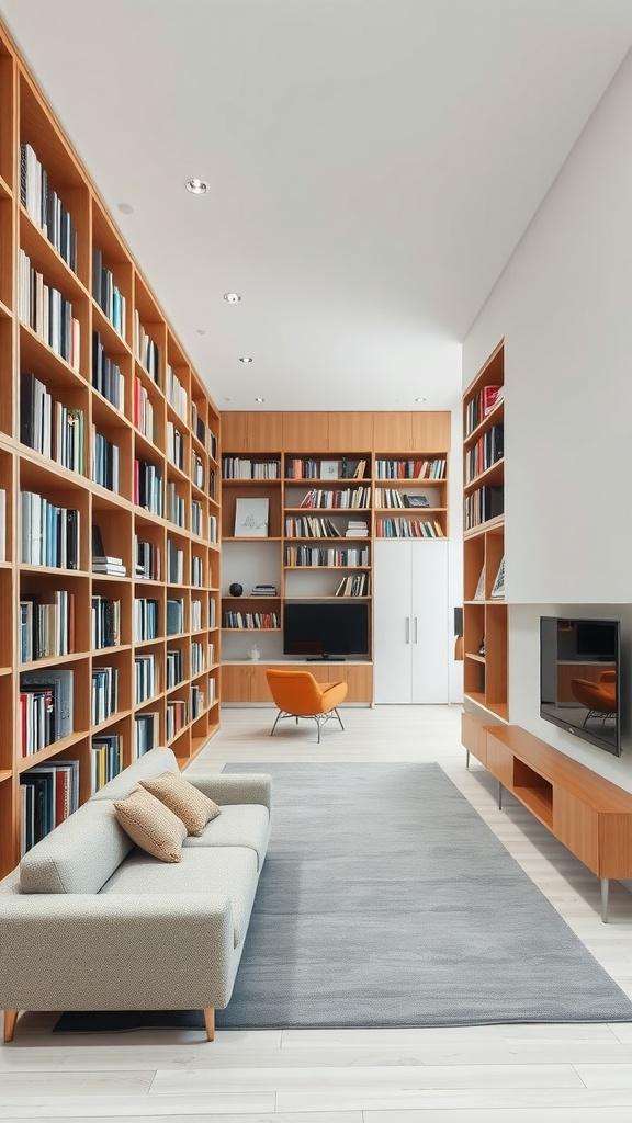 Long rectangle living room with tall bookshelves and cozy seating