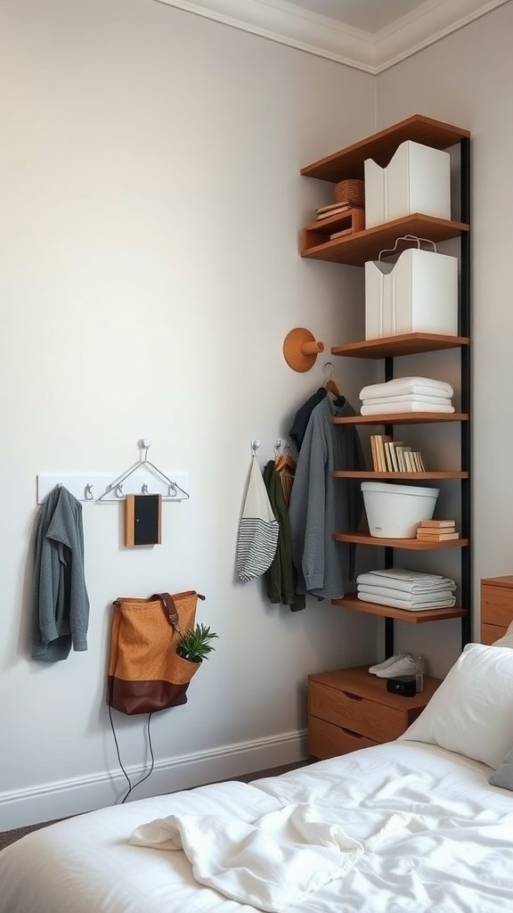 A stylish bedroom with vertical storage, including wall-mounted shelves and hooks.