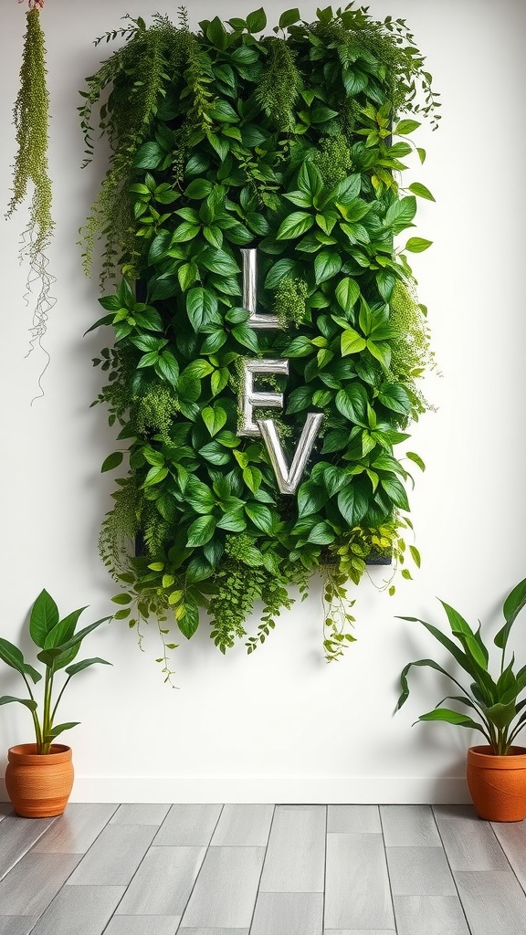 A vertical garden installation with lush green leaves and potted plants in front.