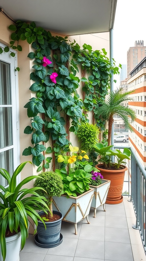 A vibrant vertical garden on a balcony featuring climbing plants, colorful flowers, and various pots.