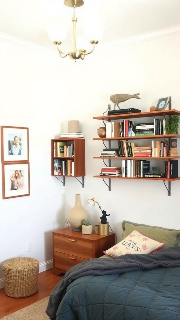 A stylish bedroom featuring wall-mounted shelves and a wooden bedside table