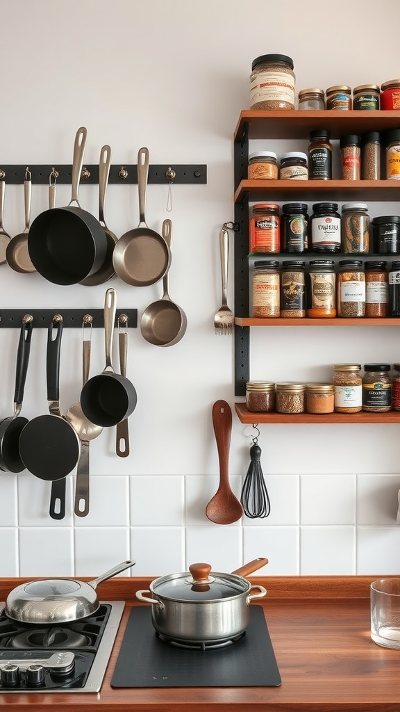 A kitchen with pots and pans hanging on a wall rack and spices organized on shelves.