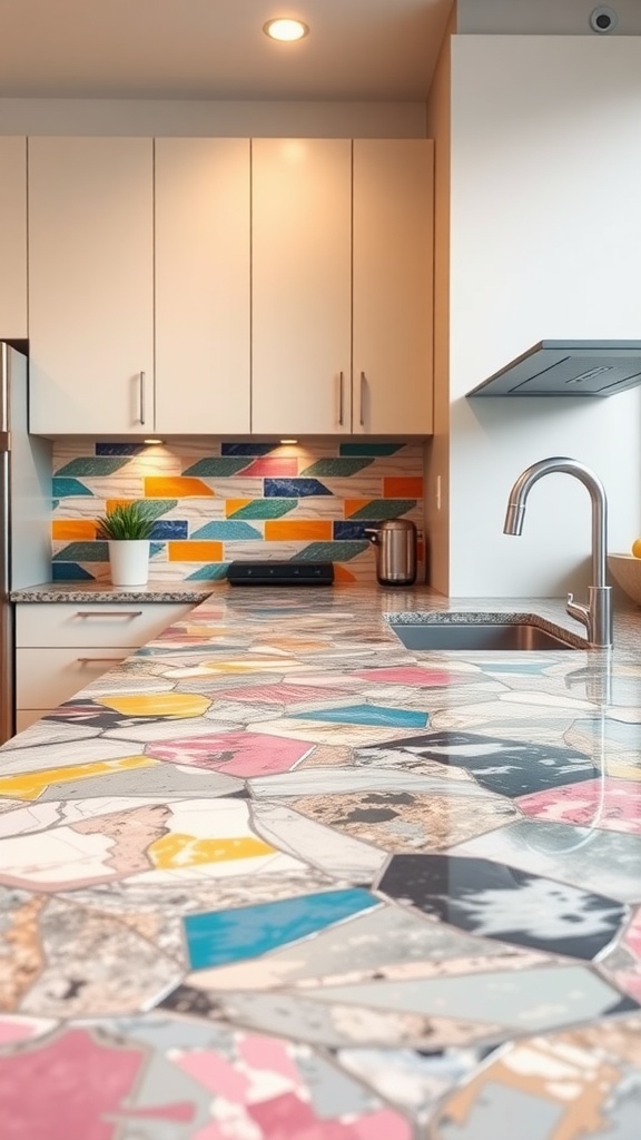 A colorful quartz countertop with geometric patterns and modern kitchen cabinets