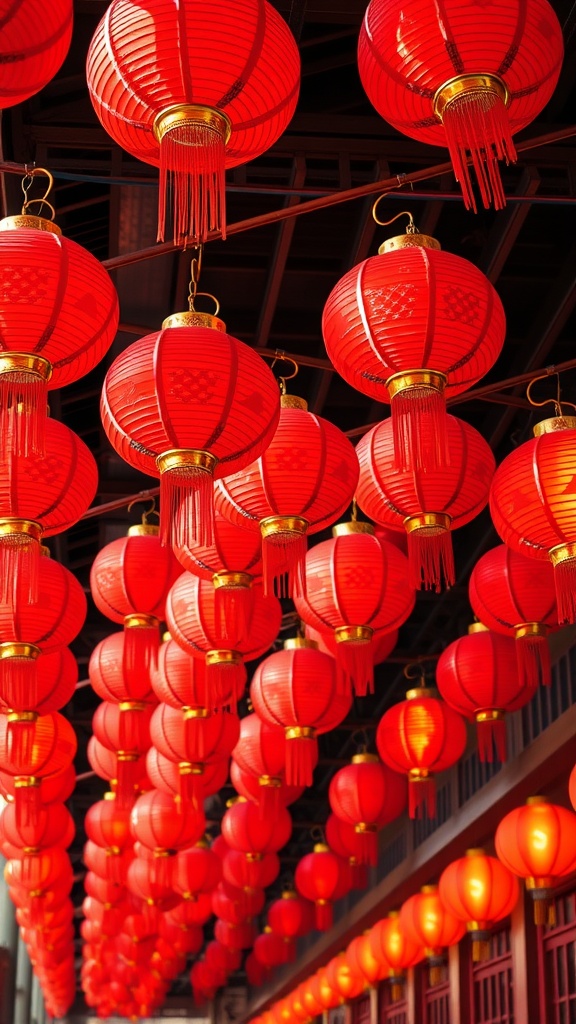 A beautiful display of red lanterns hanging in a festive setting, symbolizing joy and good fortune for Lunar New Year.