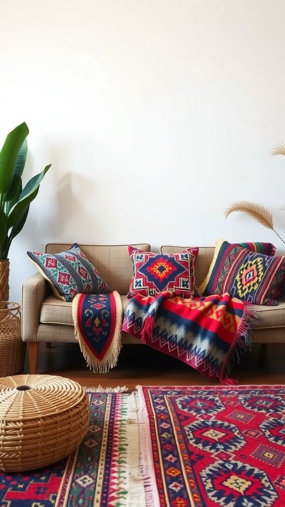 A cozy living room with a beige couch, colorful patterned pillows and blanket, a woven pouf, and a vibrant rug.