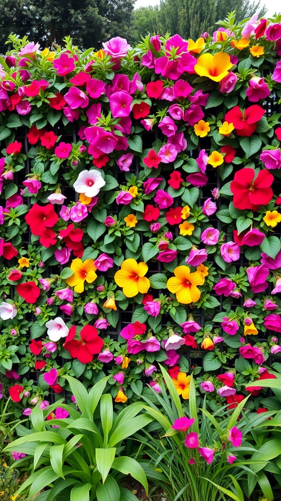 A colorful vertical garden fence covered with various flowers.