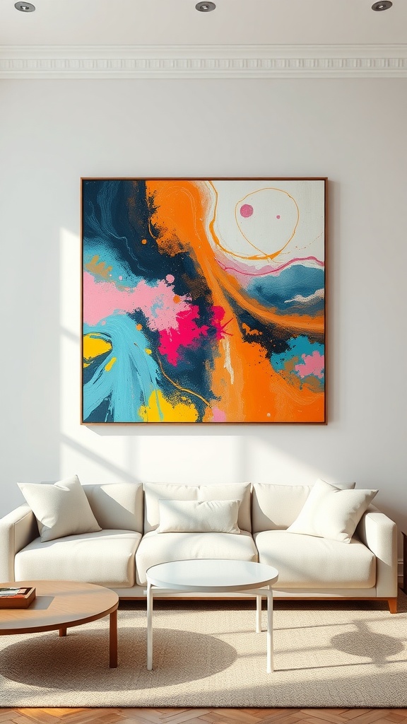 A vibrant abstract wall art piece featuring bright colors above a light sofa in a living room