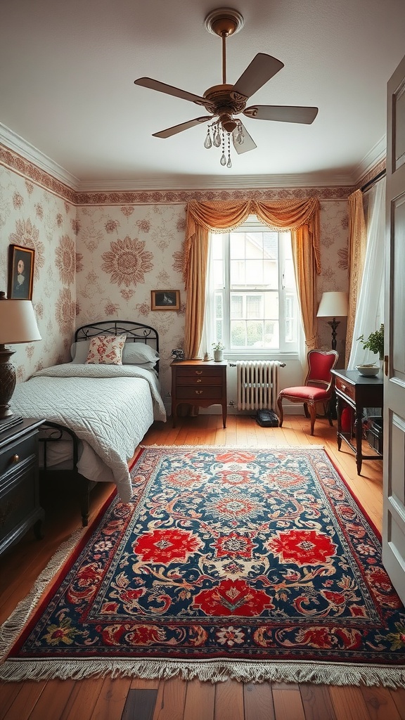 A vintage bedroom featuring an intricately patterned rug, a bed, and warm lighting.