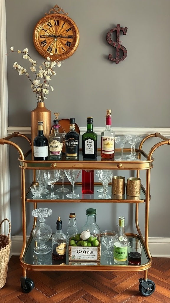 A vintage bar cart displaying various bottles, glassware, and decorative items.