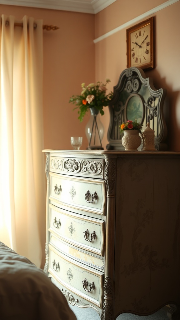 Vintage dresser with intricate carvings and floral arrangements on top