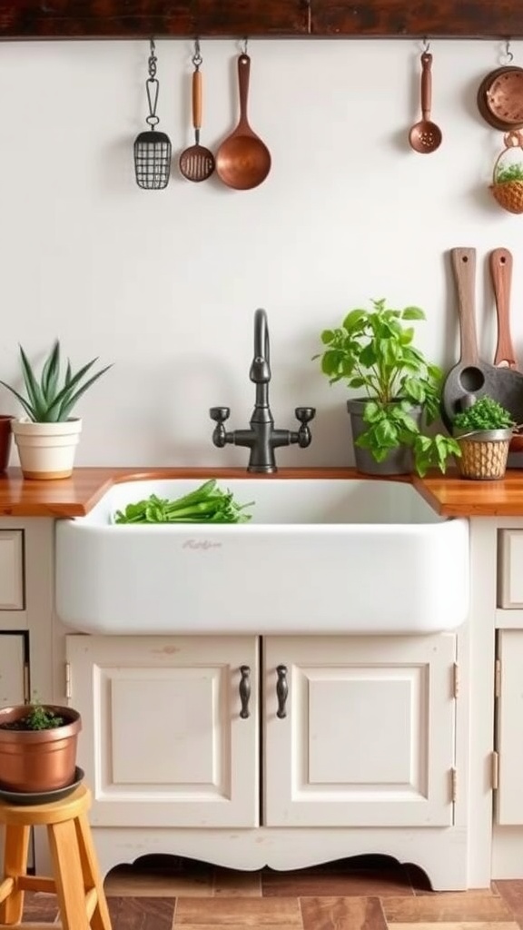 A vintage farmhouse sink with a wooden countertop, surrounded by plants and kitchen utensils.