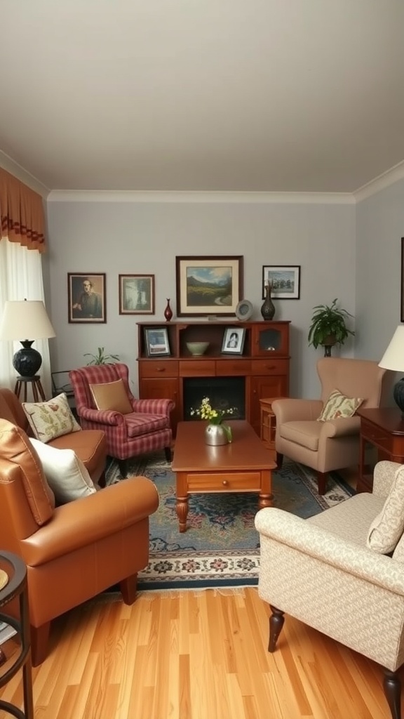 A cozy vintage ranch-style living room with mixed seating, wooden furniture, and warm decor.