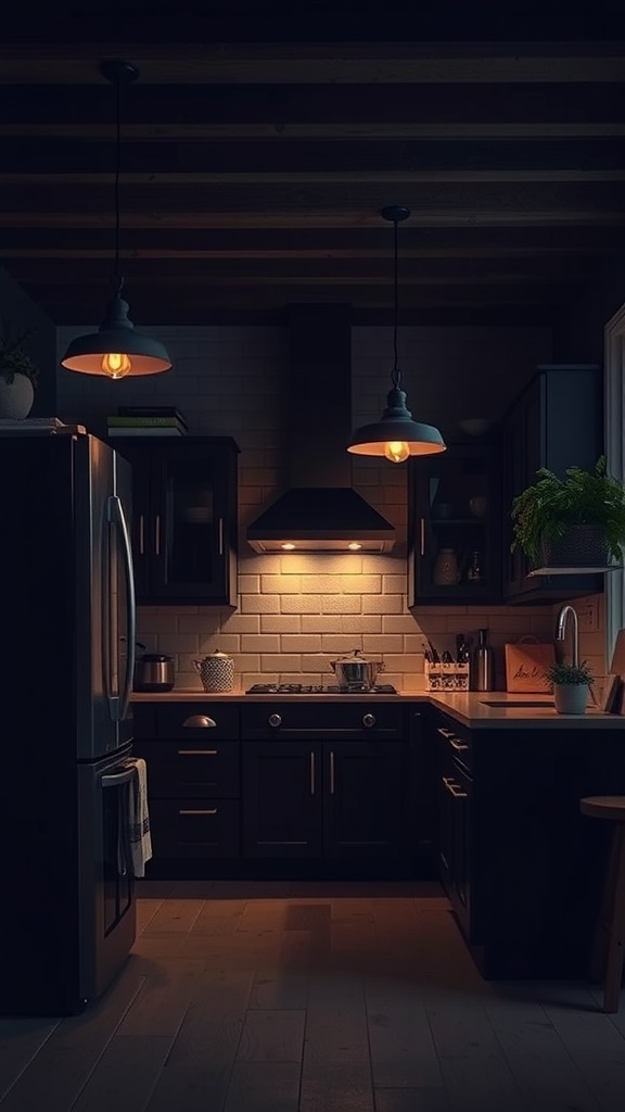 A dark kitchen featuring warm ambient lighting with illuminated fixtures and cozy atmosphere.