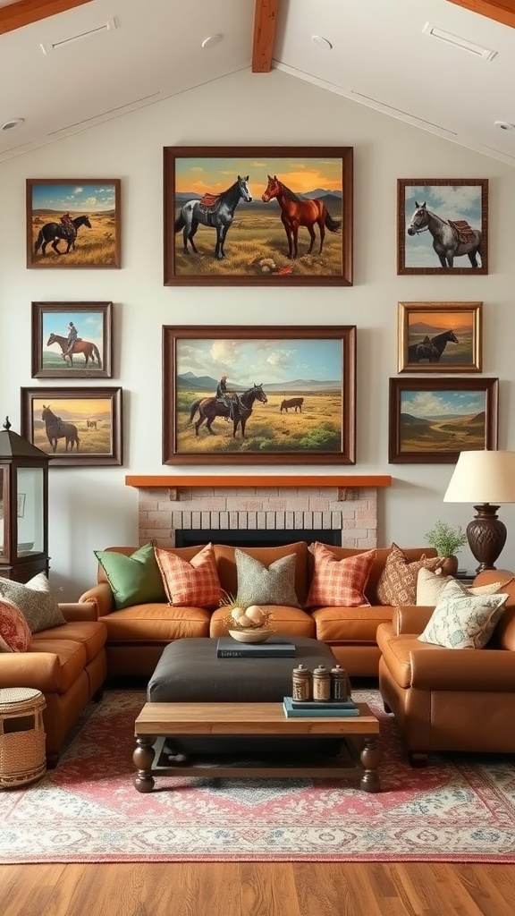 A cozy living room featuring a collection of Western-themed horse paintings on the wall, with a leather sectional couch and rustic decor.