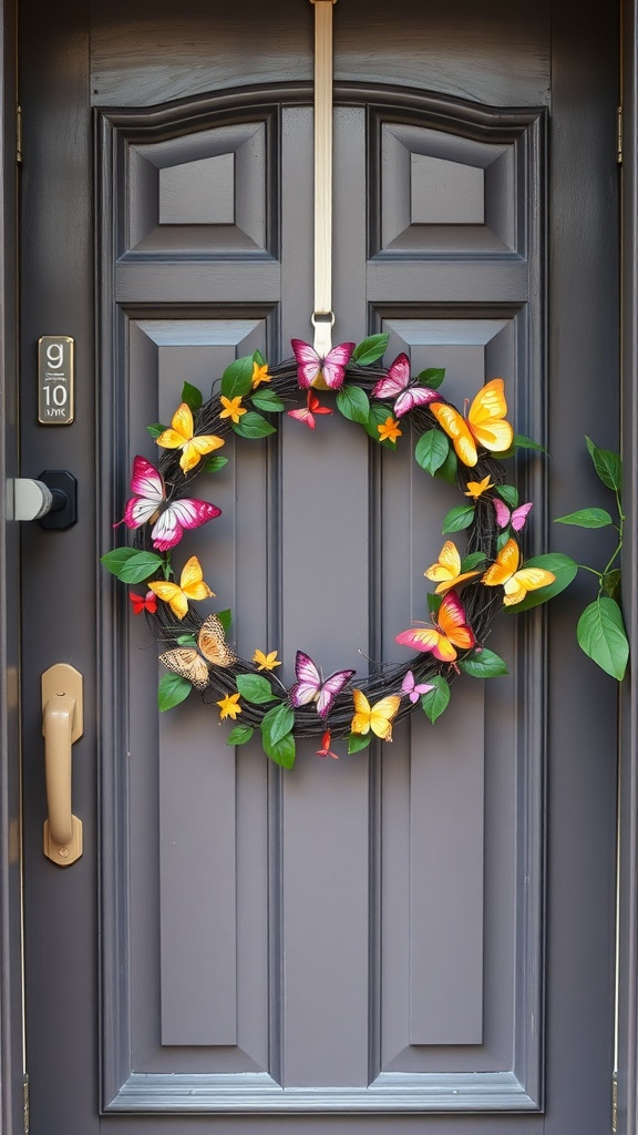 A colorful butterfly and leaf wreath hanging on a front door.