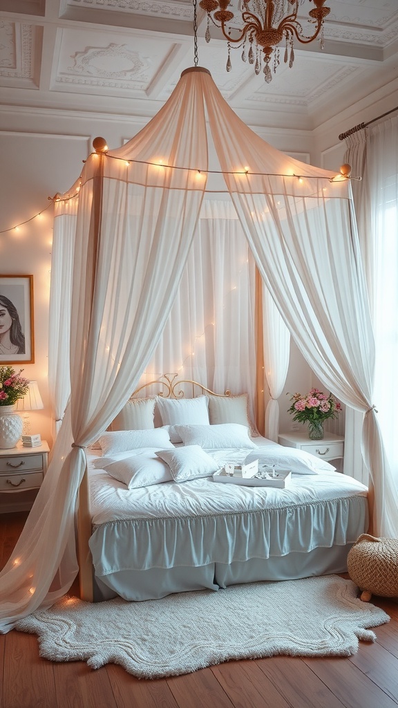 A cozy bedroom with a whimsical canopy bed draped in soft fabric and adorned with fairy lights