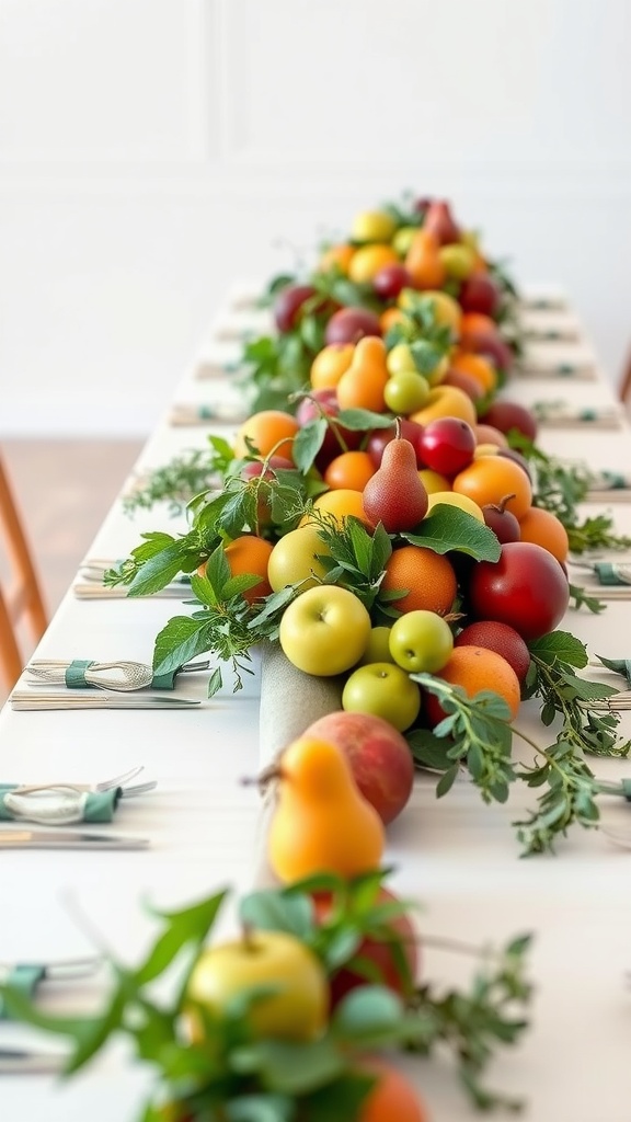 A long dining table adorned with a vibrant centerpiece of assorted fruits and fresh herbs.