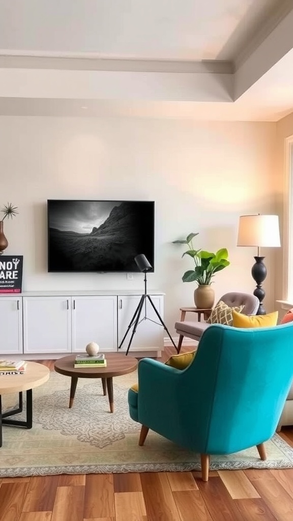 Bright teal armchair next to a unique coffee table in a cozy living room setting.