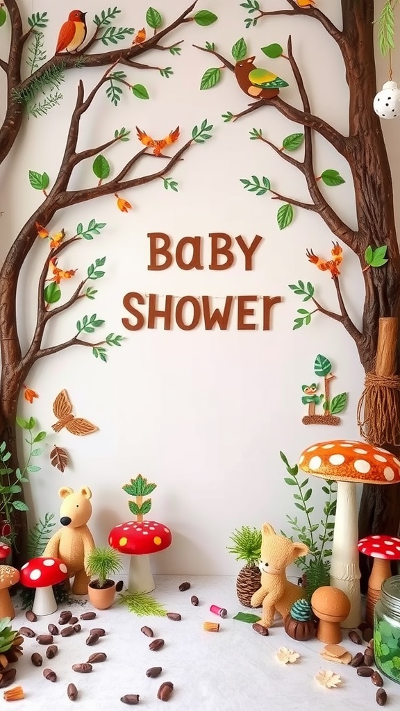 A whimsical woodland baby shower decoration with trees, mushrooms, and cute animal figures.