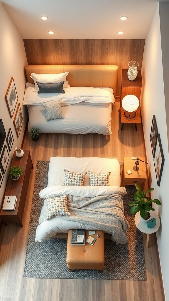 A well-organized bedroom layout with separate sleeping and reading areas.