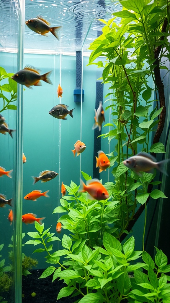 Aquaponics system featuring fish and green plants in a water tank.