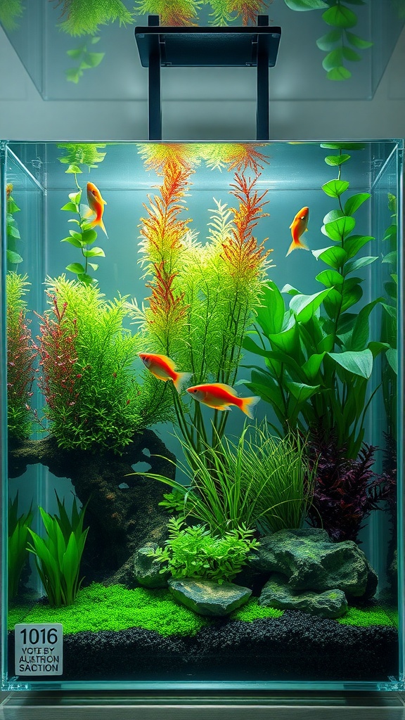 A colorful aquarium with various aquatic plants and fish.