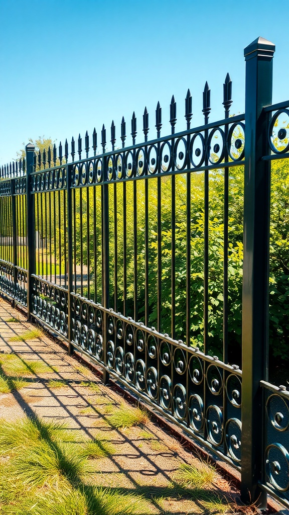 Artistic metal screen fence with ornate designs surrounded by greenery.