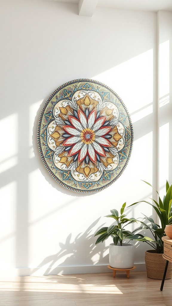 A round mosaic wall art piece featuring a floral design, illuminated by sunlight in a modern interior setting.