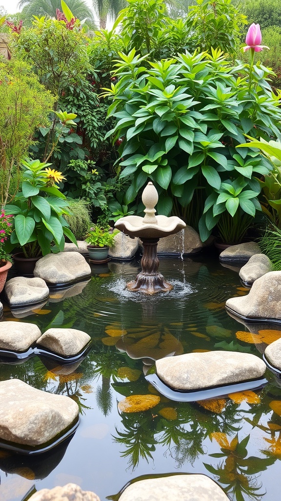 A serene outdoor water feature with a fountain surrounded by lush greenery and smooth stones.