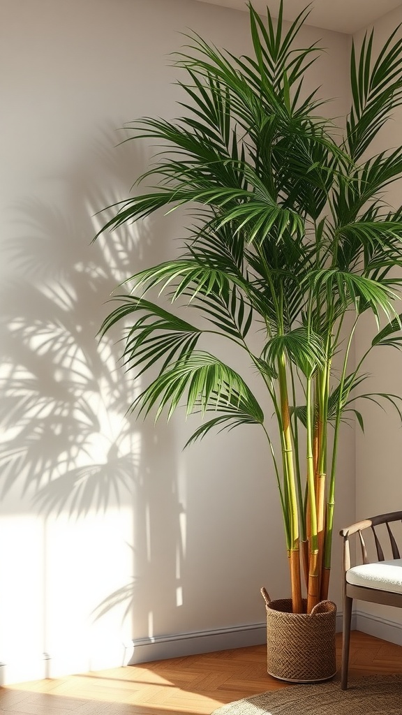 A tall Bamboo Palm in a corner of a room, casting shadows on the wall with a woven pot.